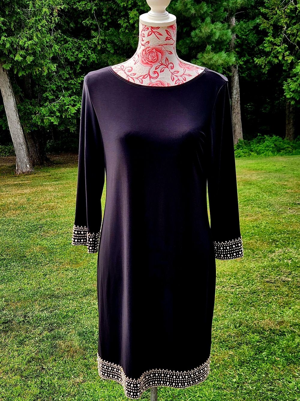 Tiana B. Black Long-Sleeve Shift Dress with Stud Embellishment